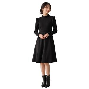 Hailey Lyn Black Ruffle Mock Neck Pleated Dress Size MP Dark Academia Coquette